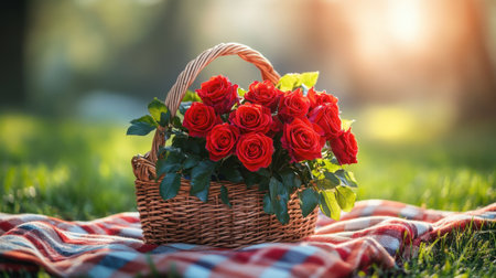 A vibrant arrangement of roses in a wicker basket, placed on a picnic blanket with soft morning light.の素材
