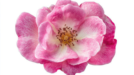 Close-up of a blooming pink rose on a bright white background, showcasing details while leaving room for design elements.の素材