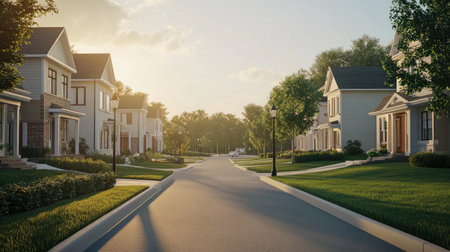 A beautifully rendered 3D image of a newly built suburban street showcasing modern homes, lush greenery, and a peaceful atmosphere bathed in warm daylight.の素材