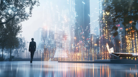 A professional explores a vibrant urban landscape filled with 3D visualizations of financial data, showcasing the intersection of technology and finance.の素材