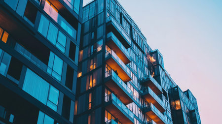 A stunning modern high-rise apartment complex, showcasing sleek glass designs and warm evening lights. This image captures urban lifestyle and contemporary living spaces.の素材