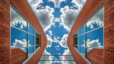 This image showcases a striking reflection of clouds in sleek office windows, framed by modern architectural elements. The bright blue sky and fluffy clouds offer a serene view, creating a dynamic interplay of nature and design.の素材