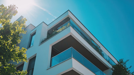 A modern apartment complex featuring sleek lines and spacious balconies, surrounded by greenery under a bright blue sky. Ideal for urban living.の素材
