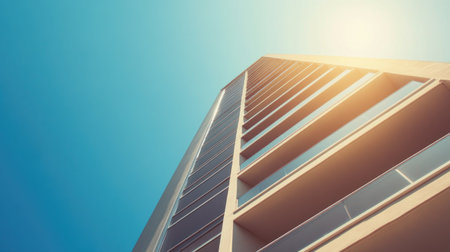 Captivating low-angle view of a modern building on a bright sunny day. The sunlight creates an inviting atmosphere, highlighting the sleek architectural lines against a clear blue sky.の素材