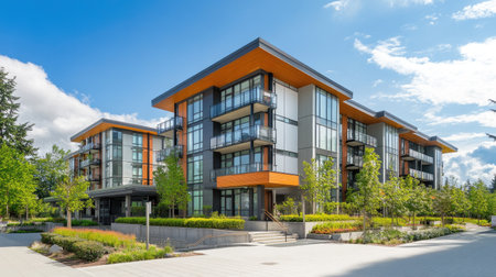 This image showcases a modern residential apartment building, featuring sleek design and vibrant colors, surrounded by lush greenery and inviting outdoor space.の素材