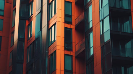 A striking close-up of modern building facades showcasing vibrant colors and intricate details. This abstract perspective emphasizes design and urban aesthetics.の素材