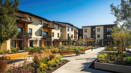 A modern apartment building featuring a contemporary facade and lush landscaping. The inviting outdoor space enhances the residential experience, creating a serene environment.の素材