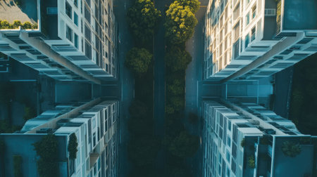 Stunning aerial view of a modern apartment building complex surrounded by lush greenery. The image captures the intricate design and layout of urban living spaces.の素材