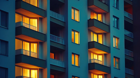 A close-up view of modern apartment windows glowing warmly at dusk, showcasing the beauty of urban housing and contemporary architectural design.の素材