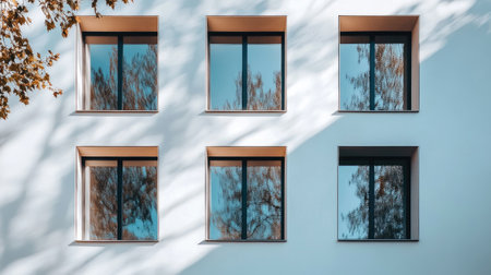 Captivating modern architecture featuring bright windows reflecting nature on a sunny day. An appealing blend of design and minimalism enhances any setting.の素材