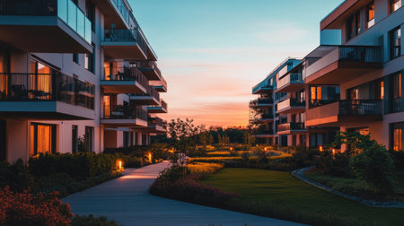 A serene view of a modern minimalist apartment complex at sunset, featuring beautiful gardens and warm lighting, offering an inviting and tranquil atmosphere for residents.の素材
