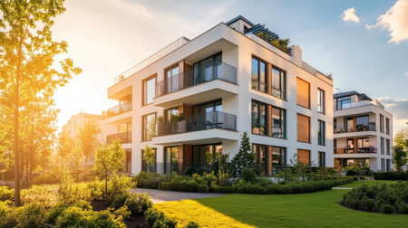 A stunning residential complex bathed in sunlight showcases modern architecture surrounded by lush greenery, perfect for a serene lifestyle in nature.の素材