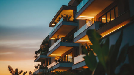 This image captures a modern minimalist apartment complex at dusk, showcasing sleek architecture with highlighted balconies and warm evening lights.の素材