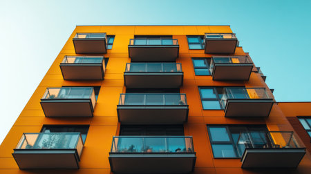 A striking modern residential building featuring vibrant orange facade and contemporary balconies. This architectural masterpiece highlights urban living with stylish design elements.の素材