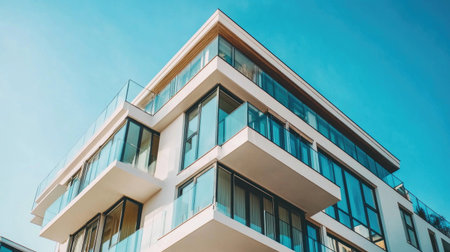 A modern residential block of flats showcasing sleek architectural design with glass balconies, set against a vibrant blue sky, symbolizing contemporary urban living.の素材