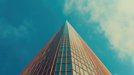 A striking low angle view of a modern skyscraper, showcasing its sharp architectural lines against a vibrant blue sky with soft clouds. Perfect for urban themes.の素材