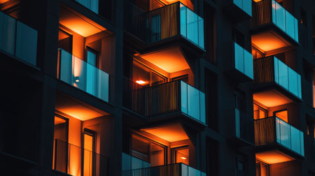 A captivating modern apartment building featuring a striking geometric design, illuminated beautifully at night, showcasing luxury urban living.の素材