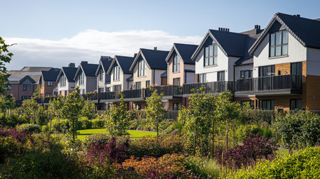 A modern suburban housing estate featuring rows of stylish homes surrounded by lush greenery and vibrant gardens, perfect for peaceful living.の素材