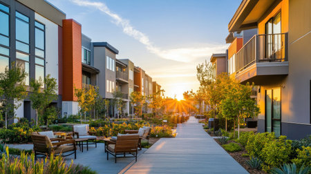A stunning view of a modern apartment complex at sunset, showcasing beautiful landscaping, inviting outdoor spaces, and contemporary architecture in a serene community setting.の素材