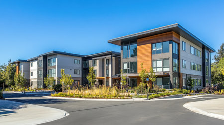 This image showcases a modern newly constructed apartment complex, featuring contemporary architecture and landscaped surroundings that offer a vibrant residential community.の素材