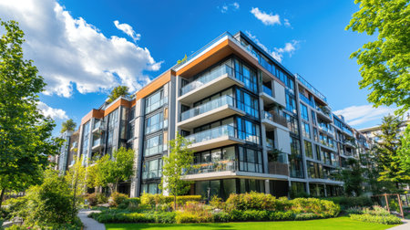 Discover a stunning newly built luxury apartment building surrounded by lush greenery and vibrant landscapes. Experience modern living in style.の素材