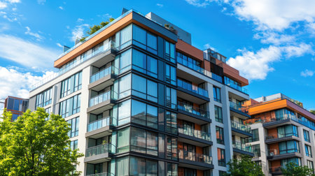 A modern multi-storey apartment building featuring a stylish glass design, surrounded by greenery, showcasing contemporary architecture in an urban setting.の素材