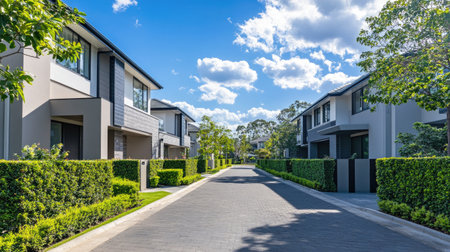 A picturesque view of modern terraced houses in a new residential development, featuring well-maintained landscaping and a serene environment under a beautiful sky.の素材
