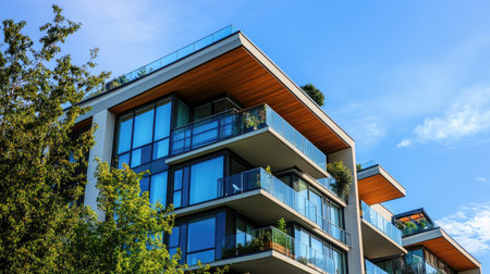 A beautifully designed contemporary apartment building featuring glass balconies and lush greenery, perfect for modern urban living under a clear blue sky.の素材