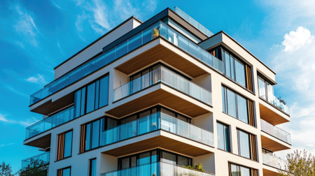 A stunning modern luxury apartment building showcasing elegant architecture and spacious balconies, designed for upscale urban living with ample natural light.の素材
