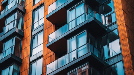 Explore a stunning modern multi-storey residential building featuring a unique facade and abundant glass balconies in an urban setting, showcasing contemporary design.の素材