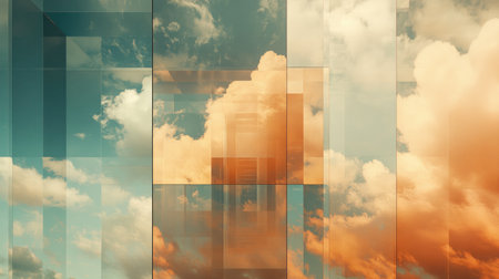 This captivating image features an abstract representation of cloud reflections in a fragmented sky, combining vivid colors and geometric patterns, perfect for artistic projects.の素材