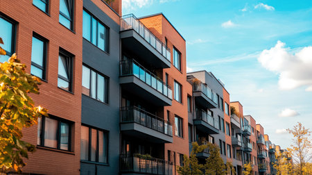 Capture the essence of modern living with this stunning luxury apartment complex, featuring elegant architecture, spacious balconies, and beautiful surroundings.の素材