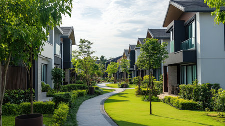 Discover a serene suburban scene featuring contemporary terraced houses surrounded by lush greenery. Ideal for modern living with a peaceful ambiance.の素材