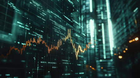 Explore a vibrant virtual hologram showcasing fluctuating stock market data, perfect for illustrating modern finance technology and investment trends.の素材