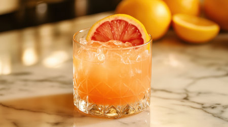 A close-up of a fresh citrus juice blend with oranges, grapefruits, and lemons, served in a clear glass on a marble countertop.の素材