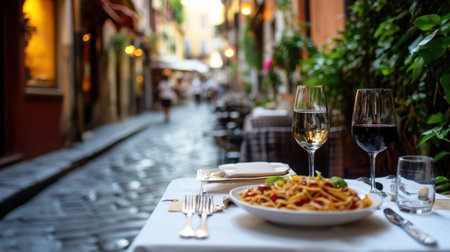 A beautifully set outdoor dining table at an Italian restaurant, overlooking a charming cobblestone street with wine glasses and pasta dishes.の素材