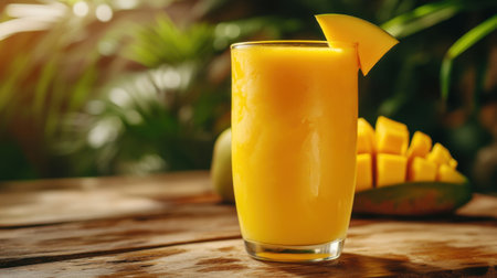 A close-up of a chilled glass of fresh mango juice with a slice of mango on the rim, placed on a wooden table with tropical decorations.の素材