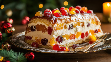 A beautifully presented plate of Italian cassata cake, layered with ricotta filling, candied fruit, and a glossy glaze.の素材