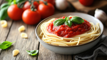 A bowl of rich tomato sauce with fresh basil, served with strands of homemade spaghetti on a rustic wooden table.の素材