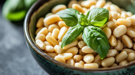 A close-up of a bowl of traditional Italian pine nuts, with a sprig of fresh basil, waiting to be added to a pesto sauce.の素材