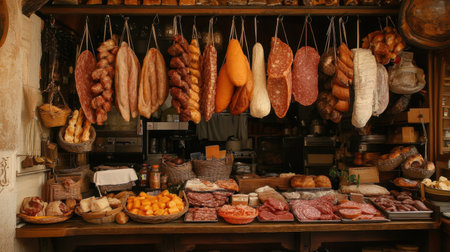 A classic Italian deli counter inside a restaurant, filled with hanging cured meats, cheeses, and fresh bread.の素材