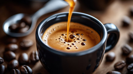 A close-up of a dark espresso shot being poured into a cup, with rich crema on top, surrounded by coffee beans and a small spoon.の素材