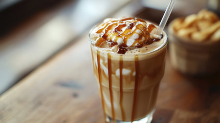 A close-up of a frothy iced coffee with caramel drizzle, served in a tall glass with a straw, placed on a wooden table in natural light.の素材