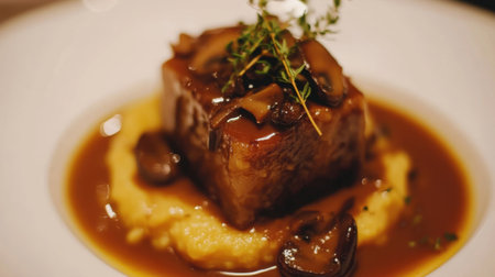 A close-up of a gourmet Italian polenta dish, served with a rich wild mushroom sauce and garnished with fresh thyme.の素材