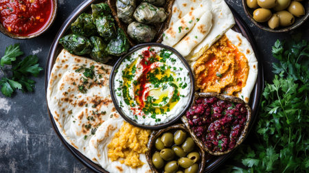 A colorful mezze platter featuring baba ghanoush, dolmas, labneh, olives, and freshly baked pita.の素材
