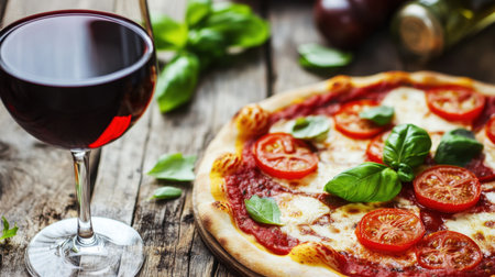 A close-up of a Neapolitan pizza with a perfectly crisp crust, topped with tomato, mozzarella, and basil, and a side of red wine.の素材