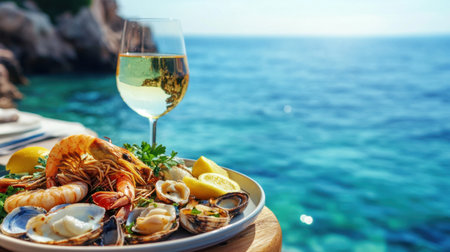 A coastal dining scene with a seafood platter, fresh lemon wedges, and a glass of white wine, overlooking the blue sea.の素材
