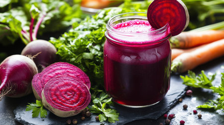 A close-up of a vibrant beetroot juice served in a mason jar with a slice of beetroot on the rim, surrounded by fresh vegetables.の素材