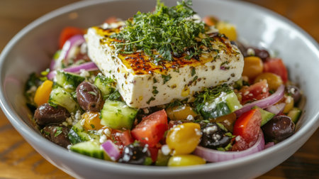 A fresh Greek salad with feta cheese, cherry tomatoes, cucumbers, red onions, and Kalamata olives, drizzled with olive oil.の素材