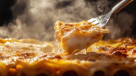 A golden, bubbling lasagna fresh out of the oven, with a spatula lifting the first steaming slice.の素材